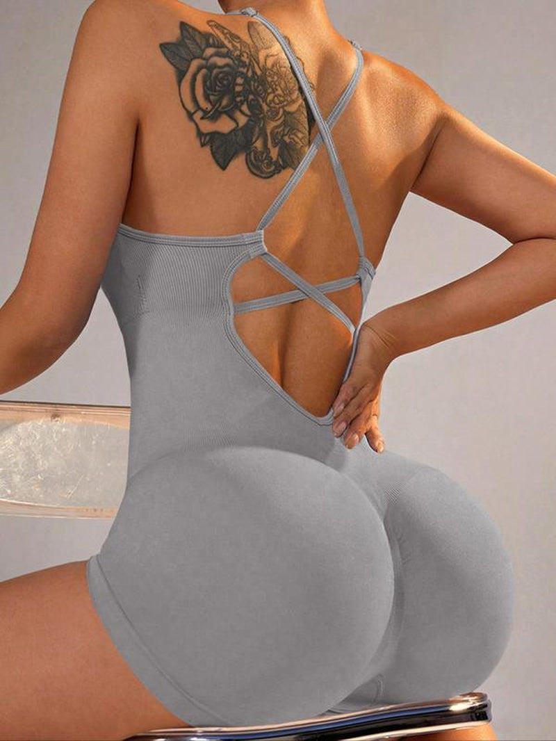 Women'S Solid Criss Cross Backless Padded Sports Romper, Adjustable Strap Sleeveless Scrunch Butt Cami Bodycon Romper for Yoga Gym Fitness, Ladies Sportswear for Indoor Outdoor Wear, Tummy Control