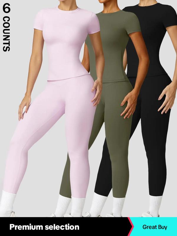 2/4 Counts Women'S Solid round Neck Tee & High Waist Leggings Tracksuit Set, Sporty Comfy T-Shirt & Skinny Pants for Yoga Gym Workout, Ladies Summer Back to School Sportswear, Women'S Tracksuits, Fall Clothes Downtown Girl Outfit