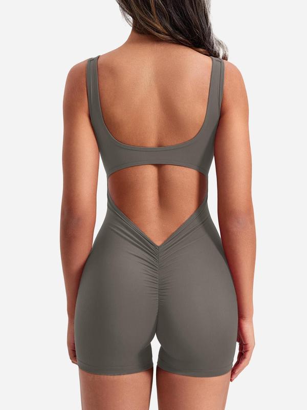 Women'S Solid Cut Out Ruched Backless Sports Romper, One-Piece Sports Tank Top, Solid Sleeveless Square Neck Romper for Yoga Gym Workout, Ladies Sportswear, Tummy Control