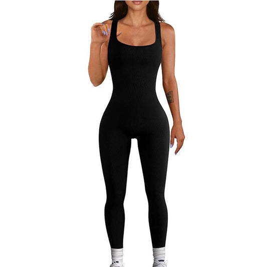 Women'S Jumpsuits Seamless Ribbed Square Neck One Piece Yoga Workout Sleeveless Rompers Sexy Tank Top