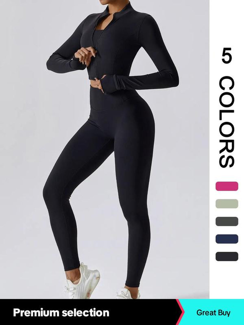 Two-Piece Set Women'S Solid Zip up Crop Jacket & High Waist Leggings Tracksuit Set, Sporty Breathable Comfy Outfits Jogging Suit Set for Yoga Gym Workout Running, Ladies Sportswear for All Seasons