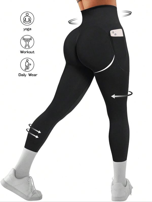 Women'S Solid High Waist Pocket Sports Leggings, Sporty Comfy Breathable Skinny Pants for Yoga Gym Workout Running, Ladies Sportswear for All Seasons, Tummy Control