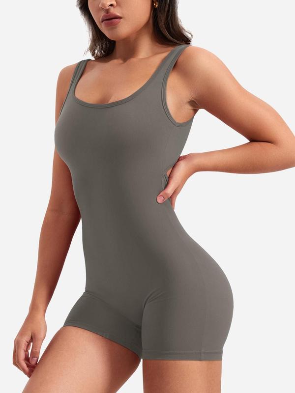 Women'S Solid Cut Out Ruched Backless Sports Romper, One-Piece Sports Tank Top, Solid Sleeveless Square Neck Romper for Yoga Gym Workout, Ladies Sportswear, Tummy Control