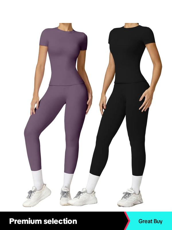 2/4 Counts Women'S Solid round Neck Tee & High Waist Leggings Tracksuit Set, Sporty Comfy T-Shirt & Skinny Pants for Yoga Gym Workout, Ladies Summer Back to School Sportswear, Women'S Tracksuits, Fall Clothes Downtown Girl Outfit