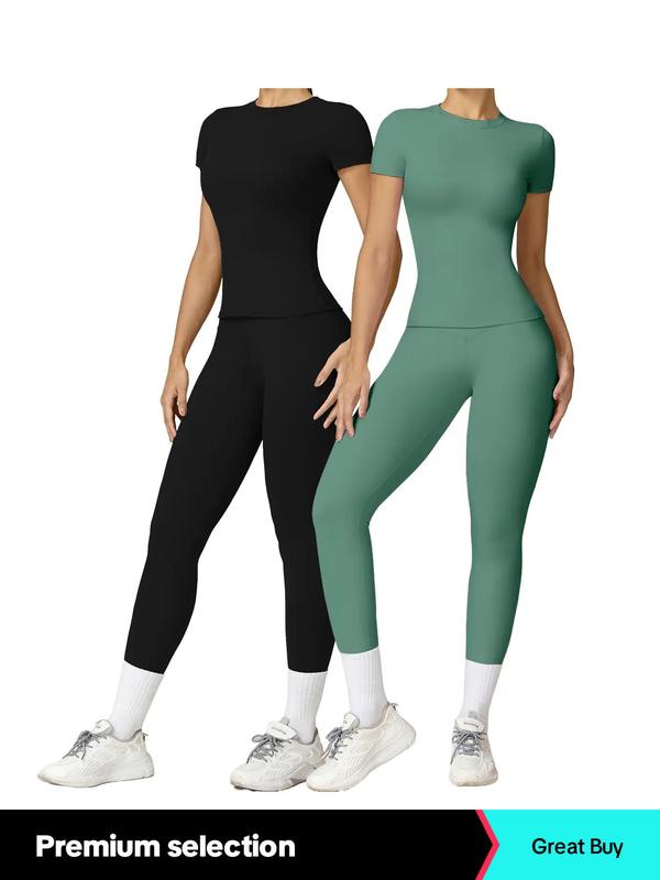 2/4 Counts Women'S Solid round Neck Tee & High Waist Leggings Tracksuit Set, Sporty Comfy T-Shirt & Skinny Pants for Yoga Gym Workout, Ladies Summer Back to School Sportswear, Women'S Tracksuits, Fall Clothes Downtown Girl Outfit