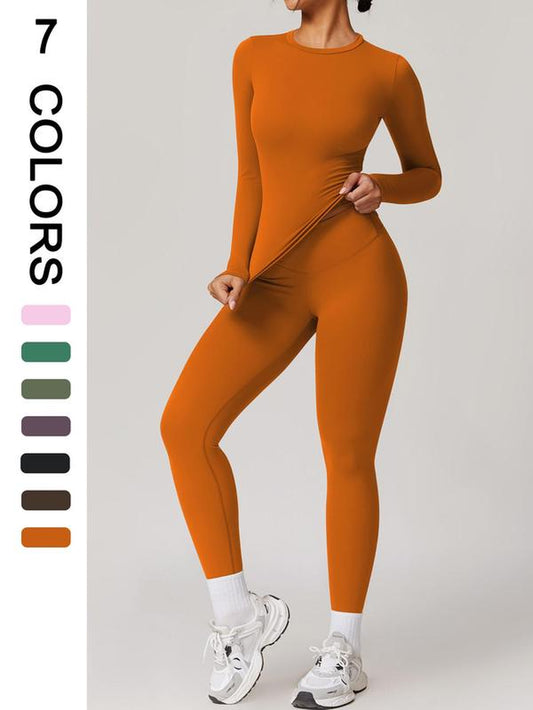 Two-Piece Set Women'S Solid Color Long Sleeve round Neck Top & Leggings Tracksuit Set, Sporty Comfy Breathable Two-Piece Outfits for Yoga Gym Workout Running, Ladies Sportswear for All Seasons