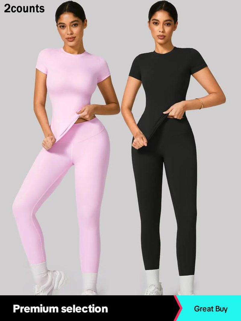 2/4 Counts Women'S Solid round Neck Tee & High Waist Leggings Tracksuit Set, Sporty Comfy T-Shirt & Skinny Pants for Yoga Gym Workout, Ladies Summer Back to School Sportswear, Women'S Tracksuits, Fall Clothes Downtown Girl Outfit