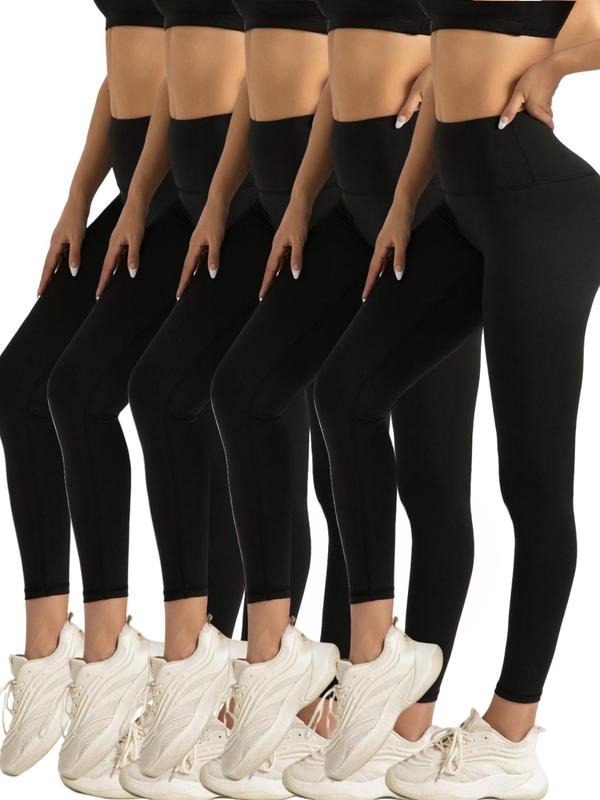 Women'S Solid High Waist Sports Leggings, Sporty Wide Waistband Skinny Pants for Yoga Gym Workout Running, Ladies Sportswear for All Seasons, Tummy Control