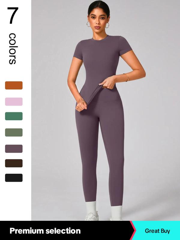 2/4 Counts Women'S Solid round Neck Tee & High Waist Leggings Tracksuit Set, Sporty Comfy T-Shirt & Skinny Pants for Yoga Gym Workout, Ladies Summer Back to School Sportswear, Women'S Tracksuits, Fall Clothes Downtown Girl Outfit