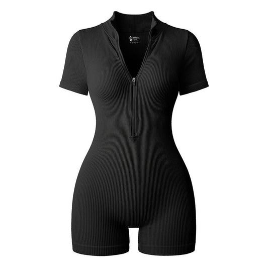 Oqq-Nine Cents Women Yoga Rompers Workout Ribbed Short Sleeve Zip Front Exercise Rompers