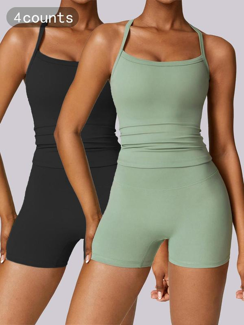 Two Pieces Women'S Solid Backless Tracksuit Set, Spaghetti Strap Cami Top & High Waist Skinny Shorts, Ladies Fall Sportswear, Fall Outfits 2024, Women Sport & Outdoor Clothing as Birthday Gifts