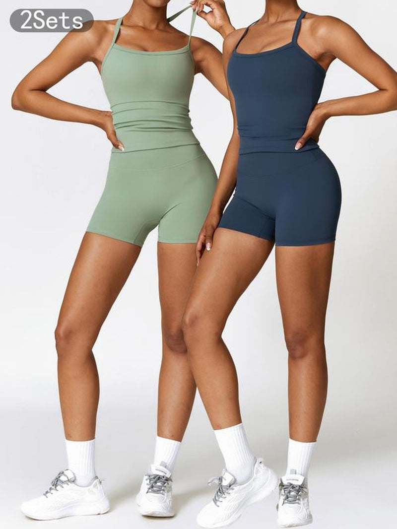 Two Pieces Women'S Solid Backless Tracksuit Set, Spaghetti Strap Cami Top & High Waist Skinny Shorts, Ladies Fall Sportswear, Fall Outfits 2024, Women Sport & Outdoor Clothing as Birthday Gifts