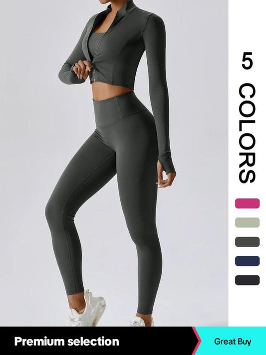 Two-Piece Set Women'S Solid Zip up Crop Jacket & High Waist Leggings Tracksuit Set, Sporty Breathable Comfy Outfits Jogging Suit Set for Yoga Gym Workout Running, Ladies Sportswear for All Seasons