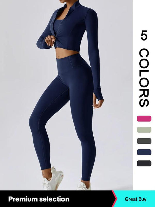 Two-Piece Set Women'S Solid Zip up Crop Jacket & High Waist Leggings Tracksuit Set, Sporty Breathable Comfy Outfits Jogging Suit Set for Yoga Gym Workout Running, Ladies Sportswear for All Seasons