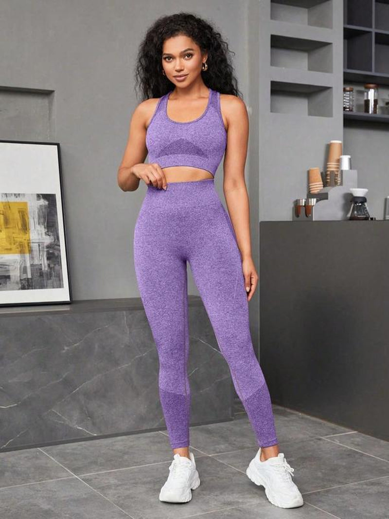 2 Piece Set Women'S Solid Tracksuit Set, Breathable Scoop Neck Crop Tank Top & High Waist Leggings, Fall Outfits for Yoga Gym Workout Running, Sportswear Set, Sports Outfits, Ladies Tracksuits, Minimalistic Outfit