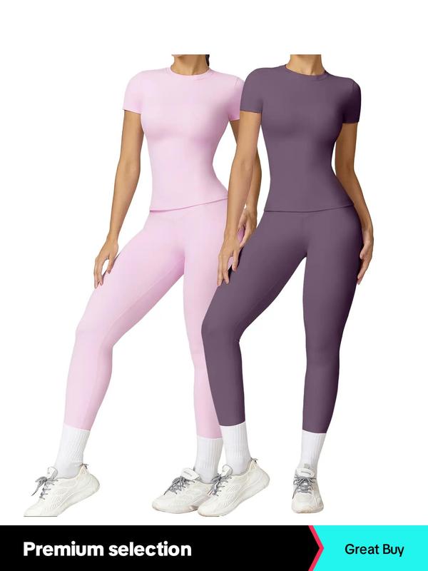 2/4 Counts Women'S Solid round Neck Tee & High Waist Leggings Tracksuit Set, Sporty Comfy T-Shirt & Skinny Pants for Yoga Gym Workout, Ladies Summer Back to School Sportswear, Women'S Tracksuits, Fall Clothes Downtown Girl Outfit