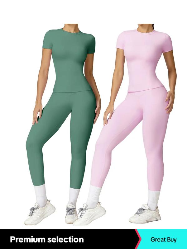 2/4 Counts Women'S Solid round Neck Tee & High Waist Leggings Tracksuit Set, Sporty Comfy T-Shirt & Skinny Pants for Yoga Gym Workout, Ladies Summer Back to School Sportswear, Women'S Tracksuits, Fall Clothes Downtown Girl Outfit