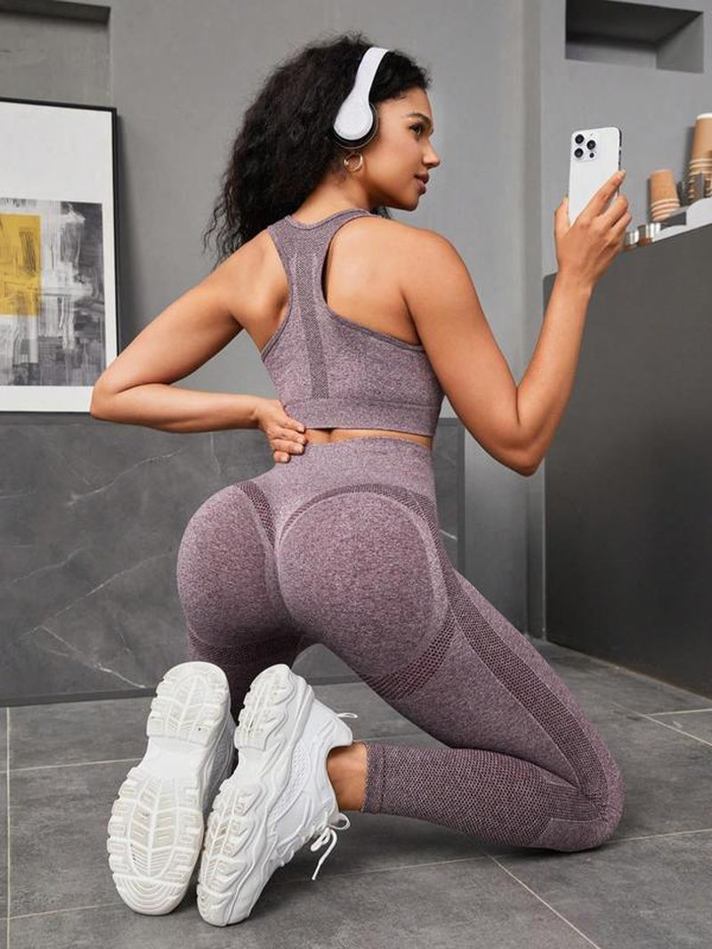 2 Piece Set Women'S Solid Tracksuit Set, Breathable Scoop Neck Crop Tank Top & High Waist Leggings, Fall Outfits for Yoga Gym Workout Running, Sportswear Set, Sports Outfits, Ladies Tracksuits, Minimalistic Outfit