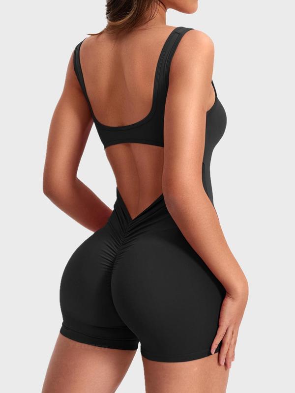 Women'S Solid Cut Out Ruched Backless Sports Romper, One-Piece Sports Tank Top, Solid Sleeveless Square Neck Romper for Yoga Gym Workout, Ladies Sportswear, Tummy Control