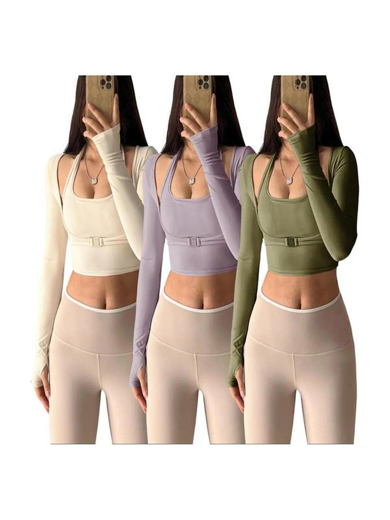 Women'S Halter Crop Tank Top & Thumb Hole Sports Tee Set, Sleeveless Top & Buckle Front Sports Top Set, Gym Yoga Exercise Set for Women, Back to School Outfits Two Piece Set