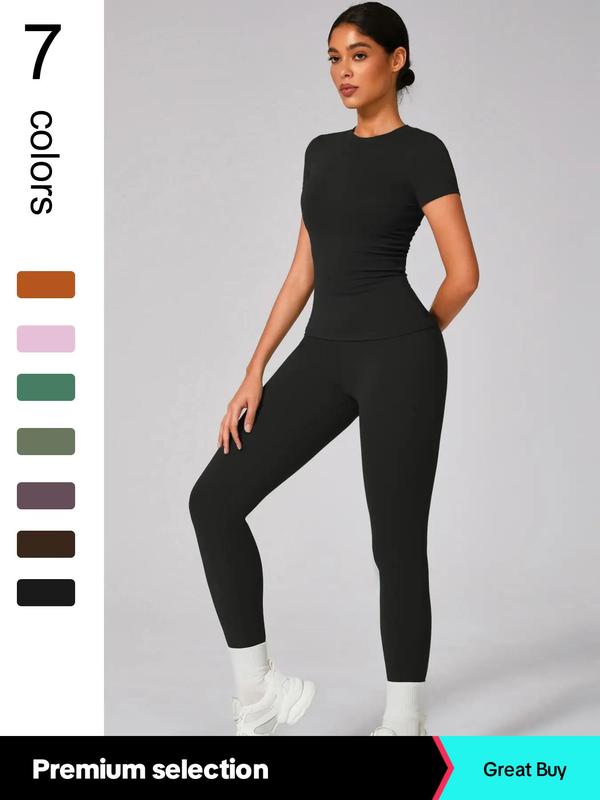 2/4 Counts Women'S Solid round Neck Tee & High Waist Leggings Tracksuit Set, Sporty Comfy T-Shirt & Skinny Pants for Yoga Gym Workout, Ladies Summer Back to School Sportswear, Women'S Tracksuits, Fall Clothes Downtown Girl Outfit