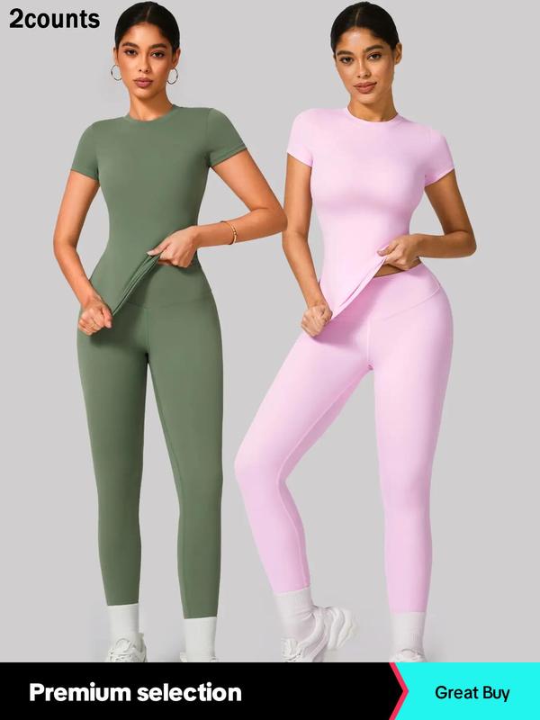 2/4 Counts Women'S Solid round Neck Tee & High Waist Leggings Tracksuit Set, Sporty Comfy T-Shirt & Skinny Pants for Yoga Gym Workout, Ladies Summer Back to School Sportswear, Women'S Tracksuits, Fall Clothes Downtown Girl Outfit