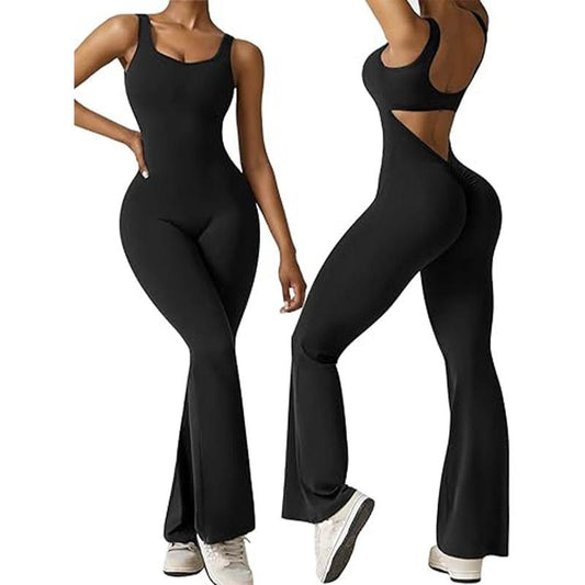 Women'S Plain Cut Out Sports Jumpsuit, Sporty Square Neck Ruched Flare Leg Jumpsuit, Sports Fitness Bodysuit Jumpsuit for Women, Ladies Sportswear, Gym Clothes, Back to School Outfits, Ladies Clothes, Minimalistic Outfit, Fall Outfits Jumpsuit Square