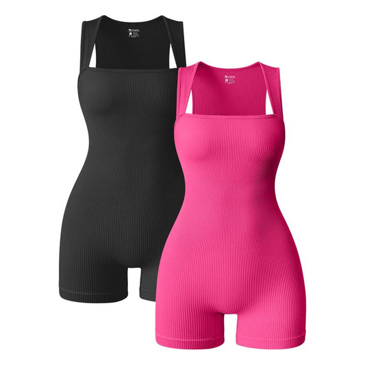 Oqqfitness Womenswear Yoga Two Pieces Ribbed Square Neck Tank Rompers