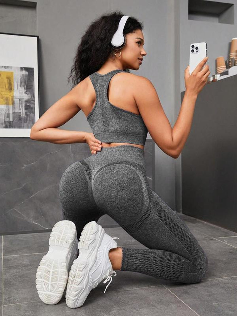 2 Piece Set Women'S Solid Tracksuit Set, Breathable Scoop Neck Crop Tank Top & High Waist Leggings, Fall Outfits for Yoga Gym Workout Running, Sportswear Set, Sports Outfits, Ladies Tracksuits, Minimalistic Outfit